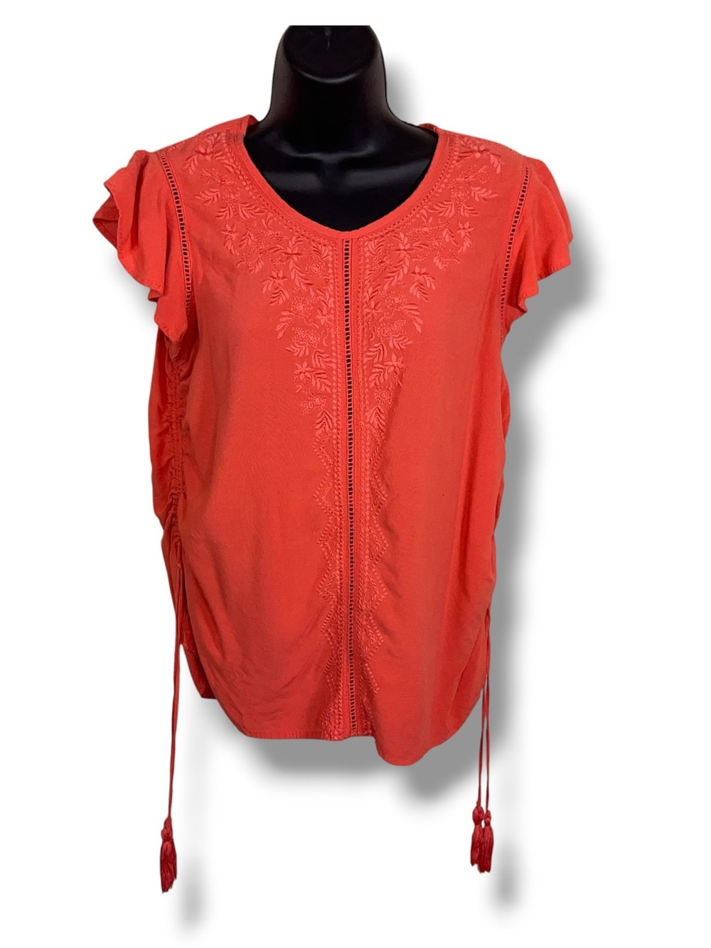 Medium Time And True Coral Orange Top Embroidered Accent Tassel Boho Bohemian